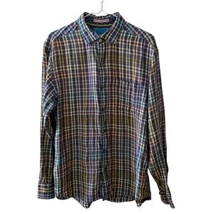 Tommy Bahama Men's 100% Linen Button Up Plaid Blue Multicolour Shirt Size Medium